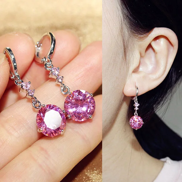 

Fashion Top Grade 10mm Round AAA Cubic Zirconia Dangle Earrings Pink Stone Drop Earrings For Women Party Jewelry