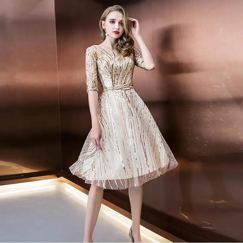 FADISTEE new arrive spring summer cocktail party little style sequins gold tassel half sleeves mini prom dress short style