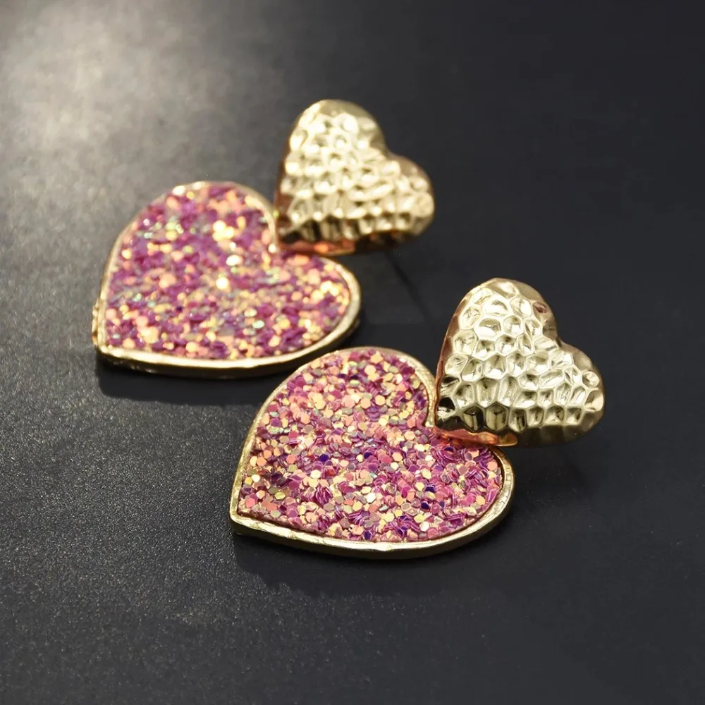 

Cute Gold Metal Heart Shpae Drop Earrings for Women Bridal pendientes Pink Sequins Statement Earrings Indian Party Jewelry
