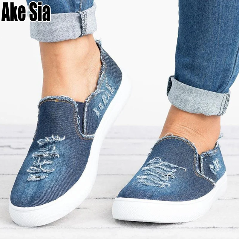 

Women Lady Ragged Destroyed Washed Denim Canvas Slip On Casual Zapatillas Plimsolls Lazy Flattie Flat Walking Leisure Shoes A583