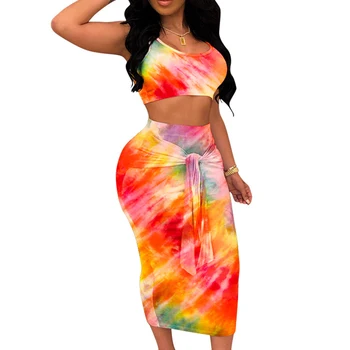 

Fashion Sexy Colorful Tie Dye Print Strapless Strap Sleeveless Short Top With Bandage Dress Women Casual Bodycon Dress Suits