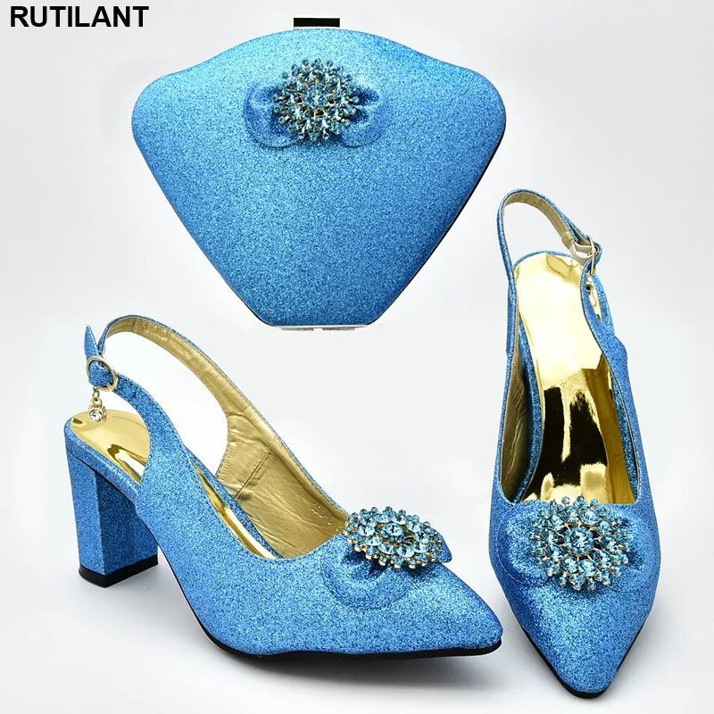 

Latest Design Crystal Wedding Shoes Elegant Italy Style Shoes with Bag Set with Rhinestone Italian Shoes with Matching Bags Set
