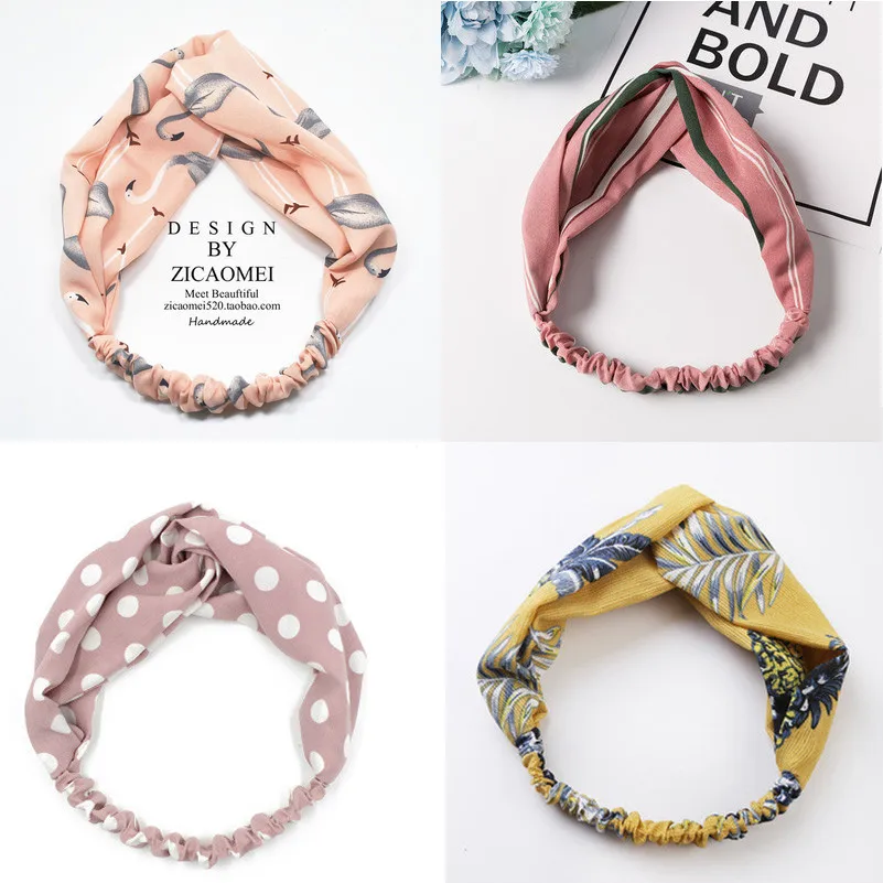 

Summer Bohemian Style Women Hair Accessories Print Dot Flamingo Headbands for Women Retro Cross Knot Head Wrap Turban Hairbands