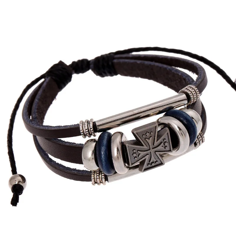 New 2016 Vintage Retro Genuine Leather Bead Bracelet Characteristic Cross Multilayer Bracelets &amp Bangles For Women Men Black | Украшения