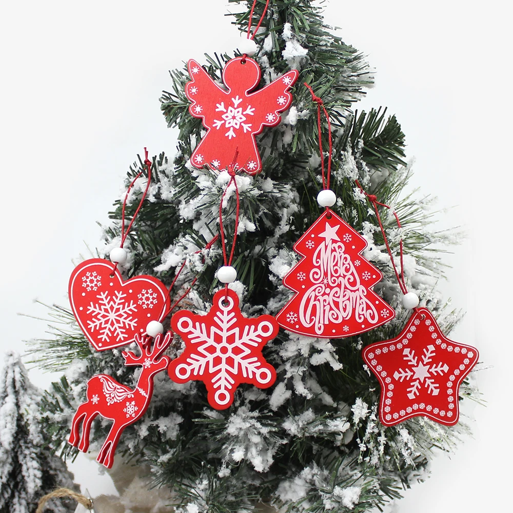 HUADODO 6Pcs Creative Printing Wooden Christmas Pendants Ornaments for Xmas Tree Hanging Ornament Party Christmas Decoration