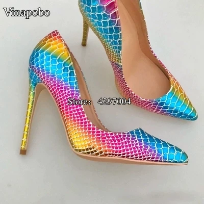 New Pointed Toe Shoes Women Colorful Rainbow Snake Printed Pumps 8/10/12cm High Heels Genuine Leather Stilettos Women Shoes