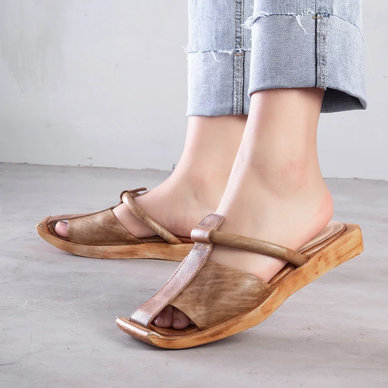 

Artdiya Original Genuine Leather Slippers 2019 Summer New Casual Low Heels Women Slippers Cowhide Handmade Retro Shoes T59625-1