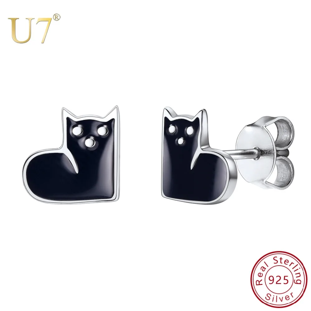U7 925 Sterling Silver Cute Cat Earrings White Black Enamel Kitty Cute Cat Earrings White Black Enamel