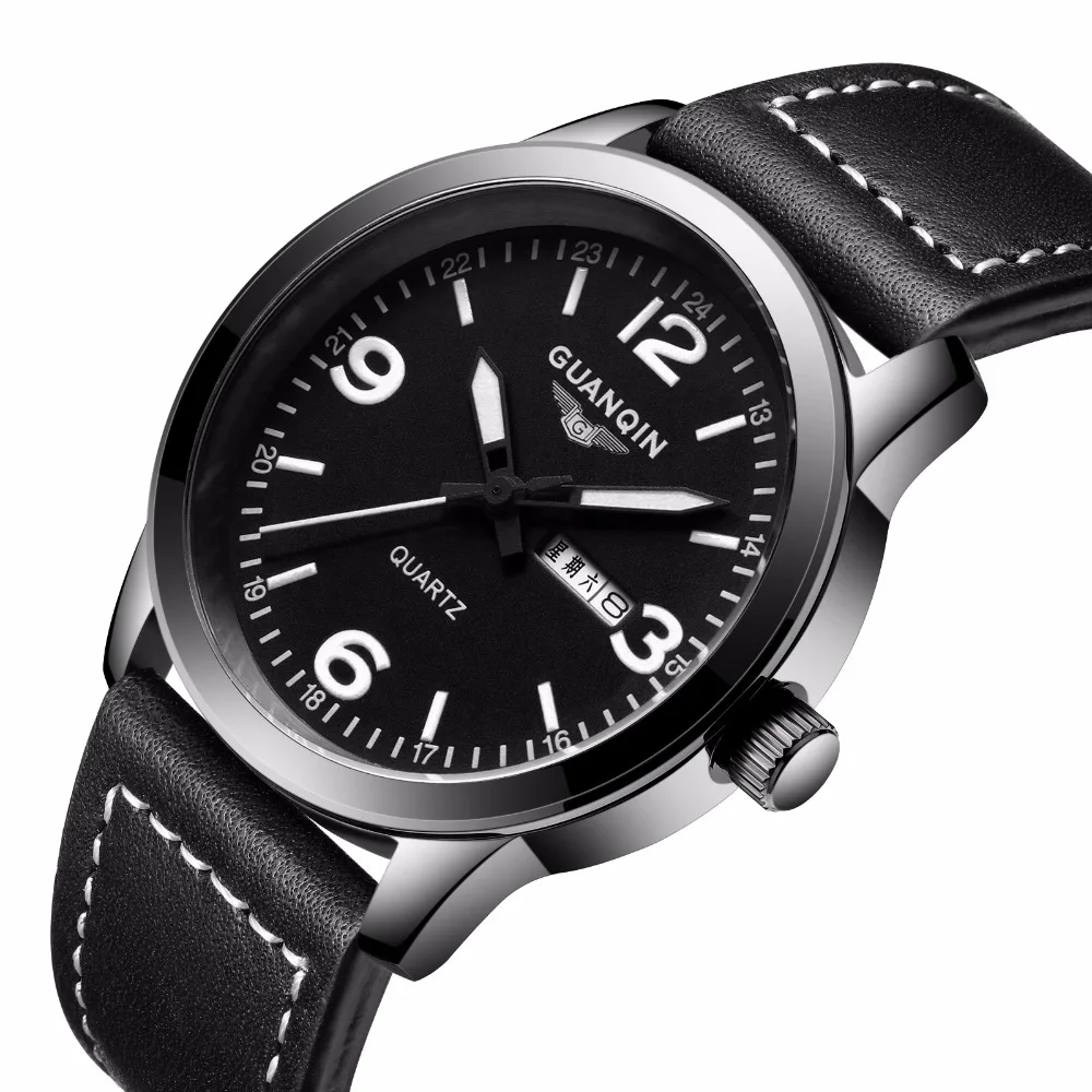 

GUANQIN Quartz Watch Men Sport Leather Watches Waterproof Wristwatch Calendar Clock 2018 Man Casual Leather Band Wrist Watches
