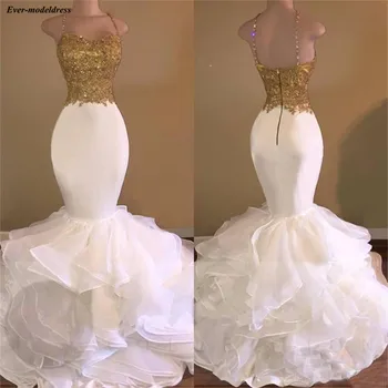 

Sexy White And Gold Mermaid Prom Dresses Long Spaghetti Appliques Beaded Floor Length Prom Gowns vestido formatura festa