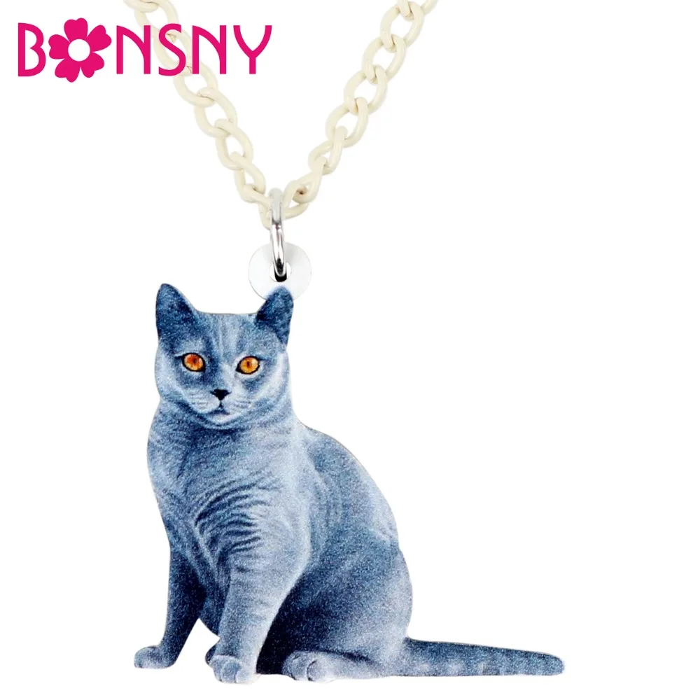 Bonsny Statement Acrylic Sitting Blue Kitten Cat Necklace Pendant Chain