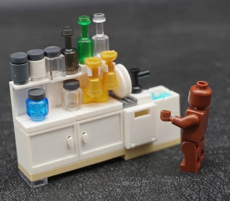 

Hot Sale Kitchen Building Blocks Golden Bottle Plate Box Cupboard Figures MOC DIY Toy Accessories Compatible Brick X229