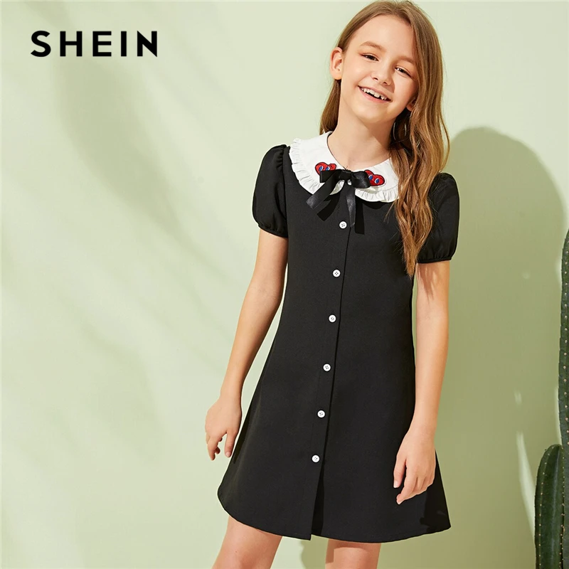 

SHEIN Kiddie Black Girls Contrast Peter Pan Collar Button Front Preppy Dress 2019 Summer Puff Sleeve Bow Short Kids Dresses
