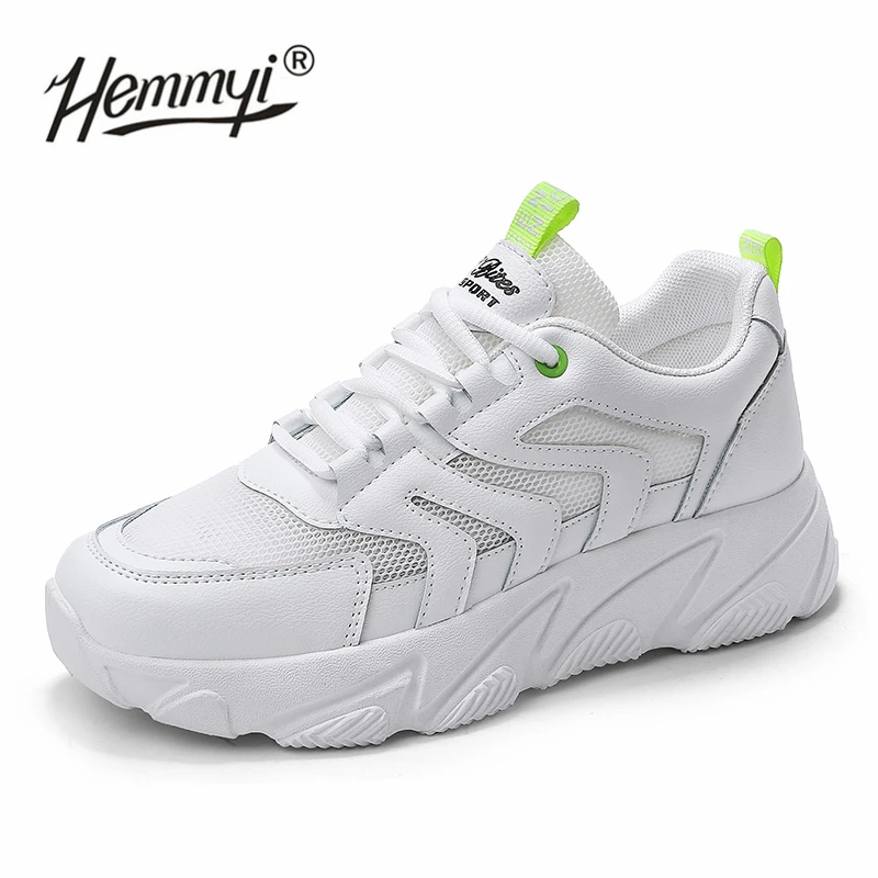 Белый Hemmyi/модные кроссовки на платформе; женские летние дышащие однотонные кроссовки из сетчатого материала; цвет белый, розовый, бежевый; модные кроссовки на массивном каблуке; повседневная женская обувь - Цвет: Белый