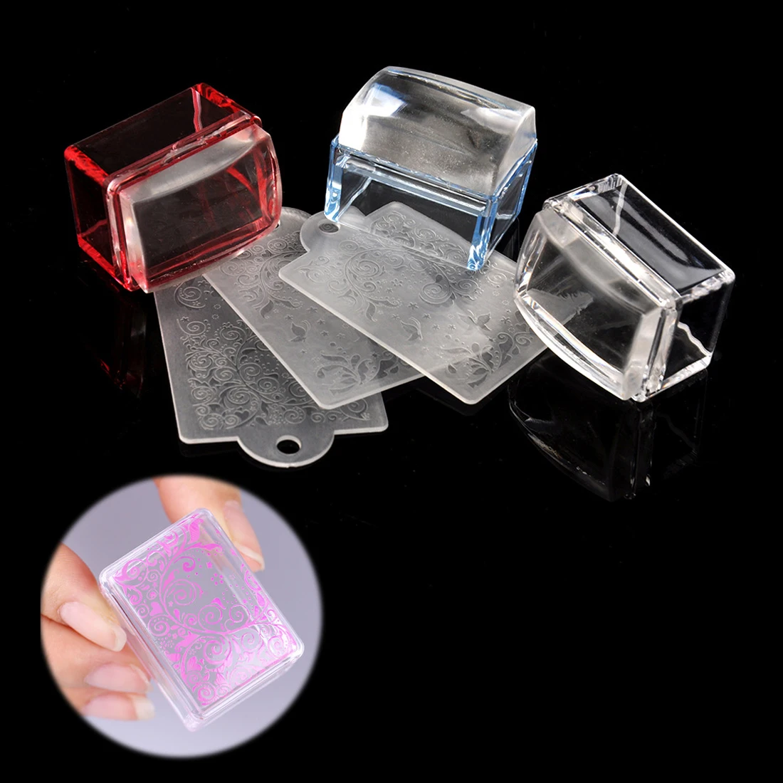 Rectangle Jelly Silicone Nail Stamper with Scraper Red/Blue/Clear