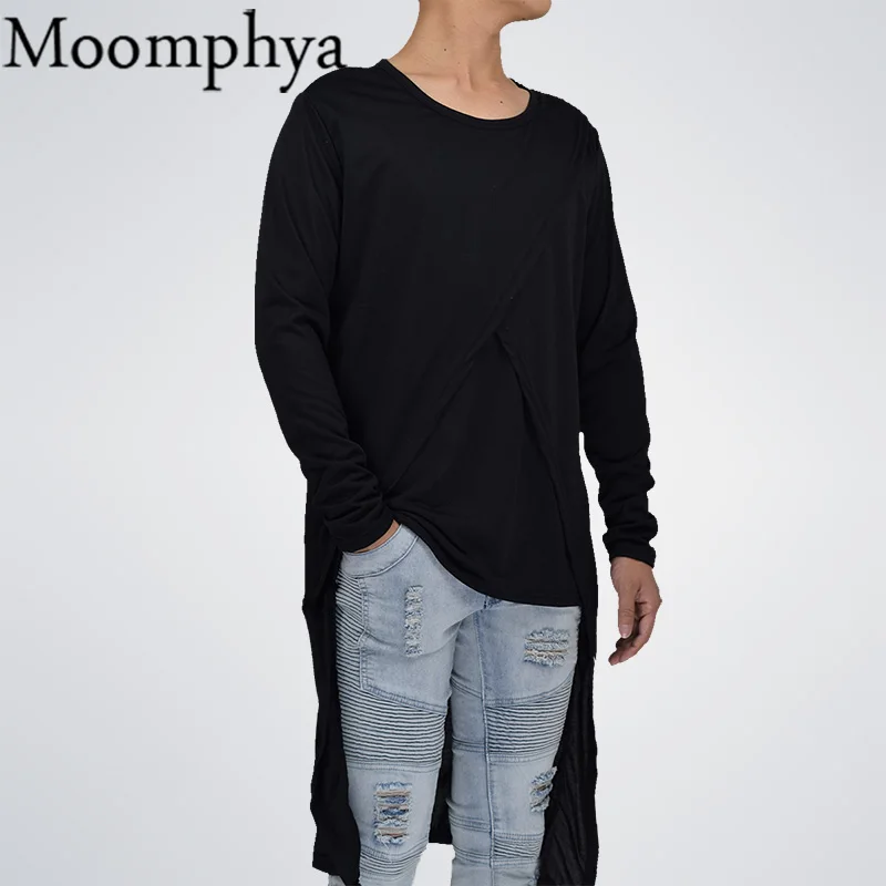 Moomphya/Для мужчин сзади удлиненный подол футболка Осень Длинные рукава в стиле хип