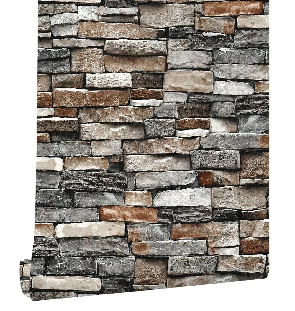 HaokHome Vintage Faux Brick PVC Wallpaper Rolls Rust 3D ...