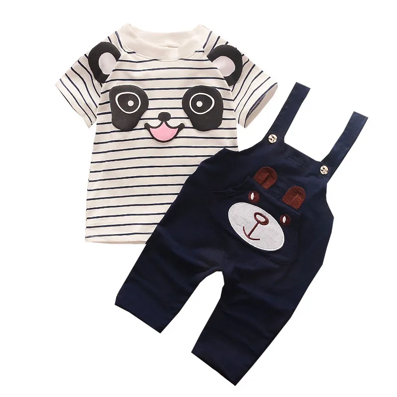 

Summer Toddler KidsSports Suit Boy Little Bear Stripe Short-Sleeve T-shirts+ Straps Pant 2pcs Cute Animal Panda Fashion Outfits
