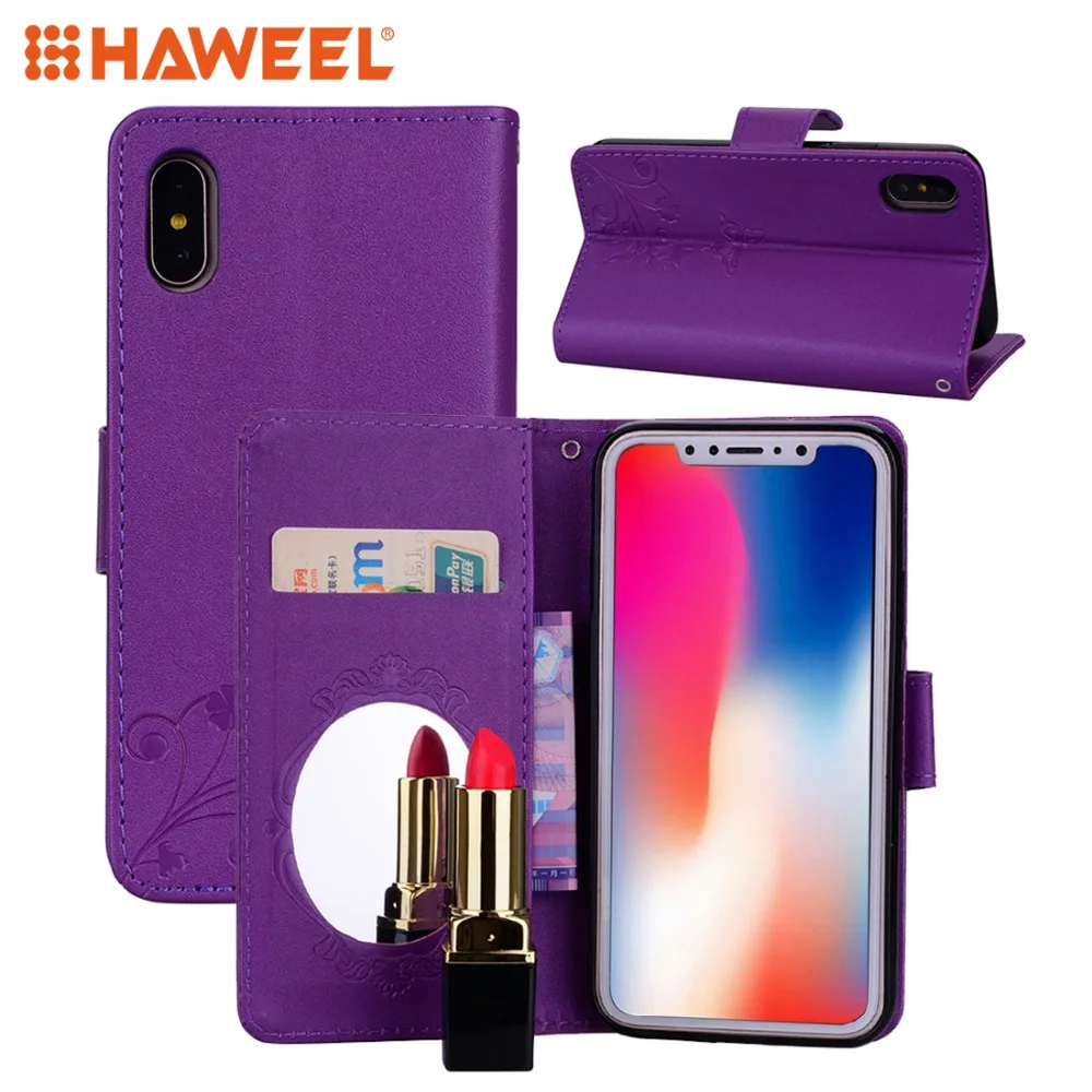 

HAWEEL Vintage Wallet Case For iPhone X Embossed Floral Butterfly Pattern Mirror+Card Slot+Flip Leather Case For iPhone X