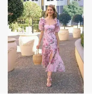 Австралийский бренд Tide весенне-летний воротник со сборками пышные рукава топ с разрезом подол фея леди печати длинное платье - Цвет: Розовый