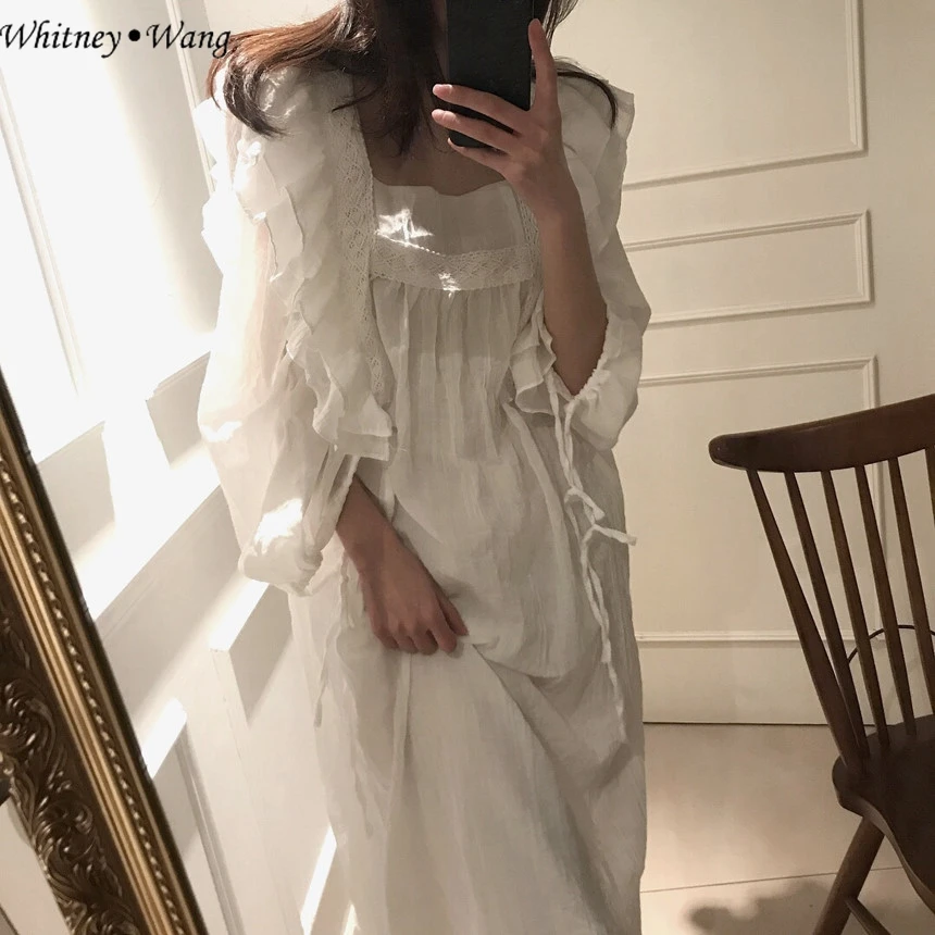 

WHITNEY WANG 2019 Spring Autum Fashion Streetwear Korean Style Vintage Square Collar Ruffles Dress Women Sweet Girls Dress