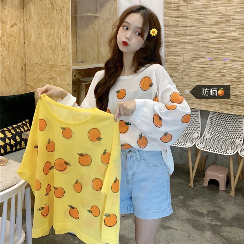 

2 Colors Mihoshop Ulzzang Korean Korea Women Fashion Clothing Cute Orange Print Long Sleeve Mesh T shirt