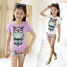 New Kids Summer Girls Pure Korean Owl Children T-shirt Kids Clothing White Pink Purple