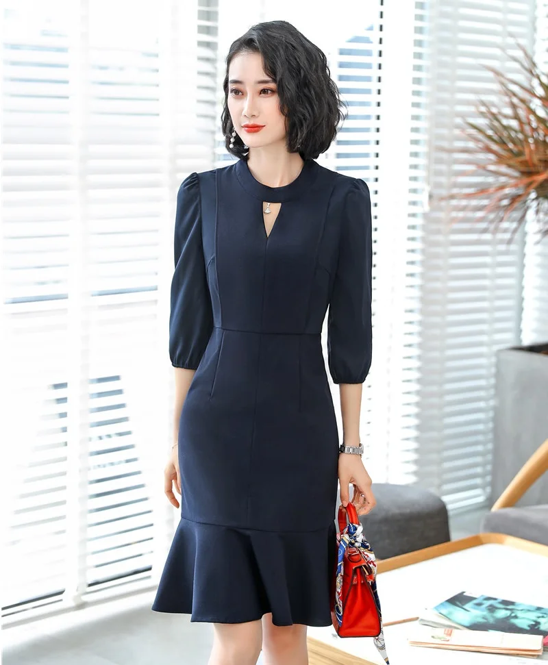 

Formal OL Styles Half Sleeve Middle Long Business Women Dress Office Ladies Work Wear Summer Dresses Slim Hips Female Vestidos