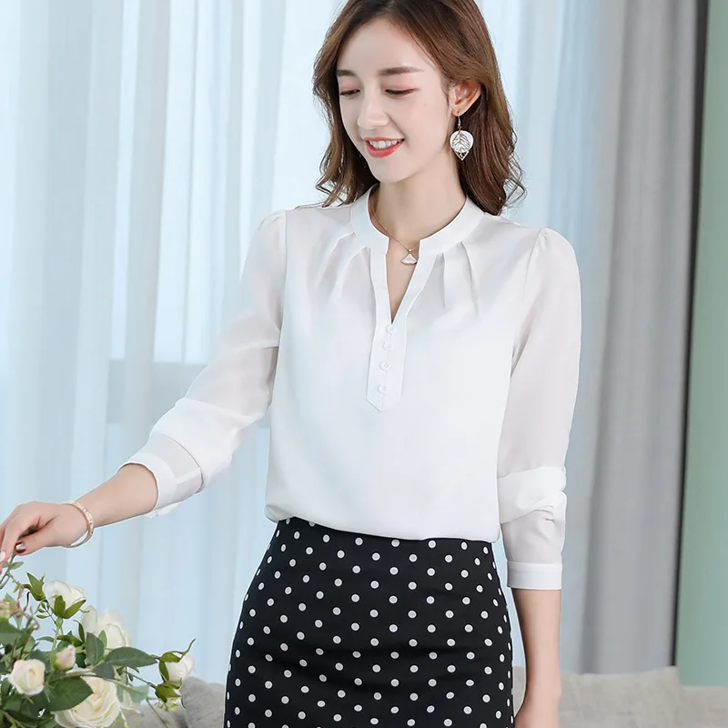 

Summer Women Solid color 2019 Blouse Patchwork Deep V-neck White Button Long sleeve Shirt Fashion Elegant Office chiffon shirt
