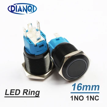 

New type LED 16mm push button switch press button switches car switch Ring mark NO NC Black Momentary PC Latching Alumina black