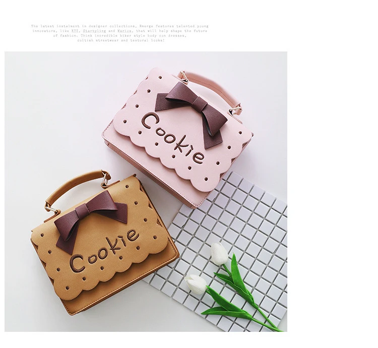 Kawaii Girl Cookie Priting Brown Flap Messenger Bag Bow Lolita Style Pink Handbag Joker Leisure Sweet Scrub PU Shoulder Bag04