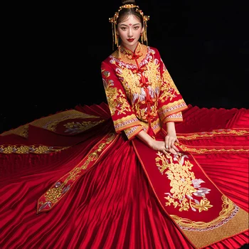 

Plus Size 3XL 4XL Vestidso Vintage Chinese Women Cheongsam Pleated Oriental Wedding Dresses Elegant Embroidery Flower Qipao