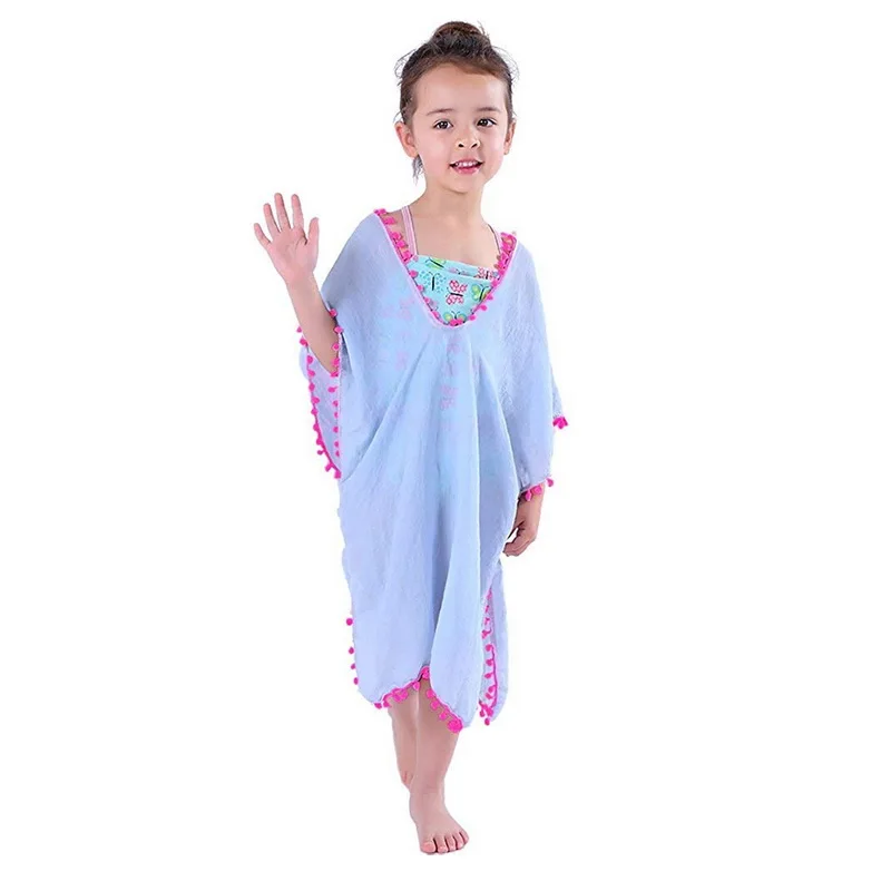 Sfit, летняя мода для девочек, купальный костюм, накидка, Пляжное Платье Топ с помпон-кисточка, детский пляжный Повседневный купальник, пляжная одежда - Цвет: blue(Baby)