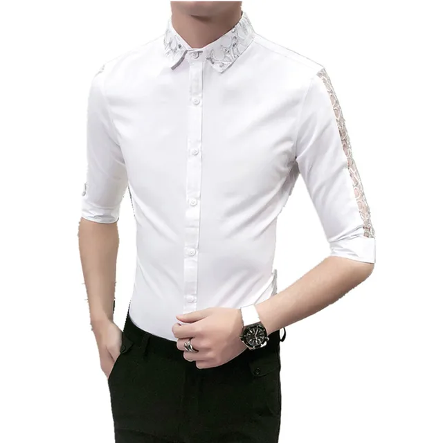 Loldeal Hot Men Shirt Slim Fit Hairstylist Work Shirts Social Loldeal Hot Men Shirt Slim Fit Hairstylist Work Shirts Social Y Lace Patchwork Half Sleeve