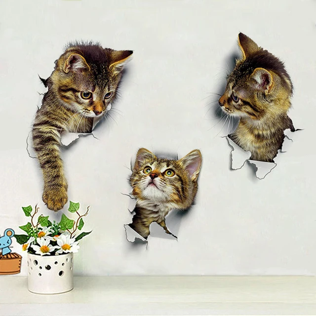 Autocollant mural chats mignons, vue du trou, chiens vifs, salle de bains, toilettes 3D, autocollants pour décoration de la maison, autocollants d'animaux, affiche auto-adhésive 4