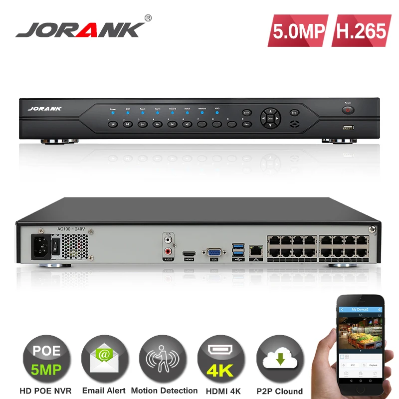 Сетевой видеорегистратор H.265 16 каналов POE NVR Onvif 2HDD 48 В для 4K 5 МП 3 Мп 1080P HD IP камер