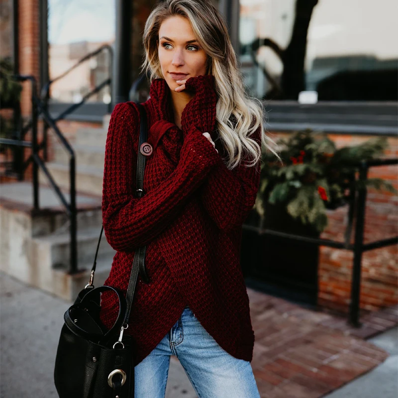 Winter Casual Cardigans Female Thick Knitting Cardigan Scarf Neck Irregular Tops Buttons Streetwear Women Solid Color Sweaters |