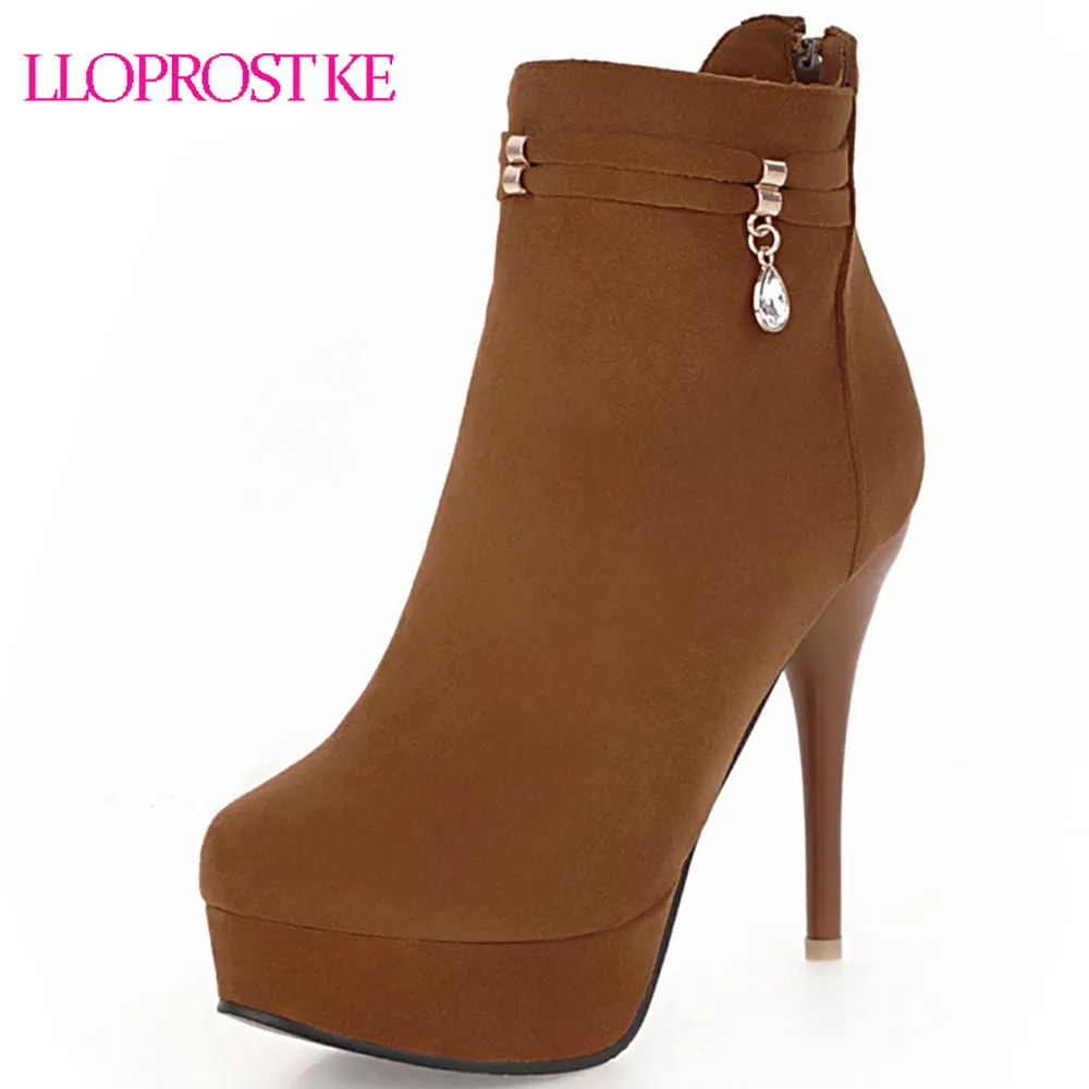 

Lloprost ke 2018 winter short boots women round toe short plush autumn boots zipper thin high heel ankle boots Big Size 48 D243