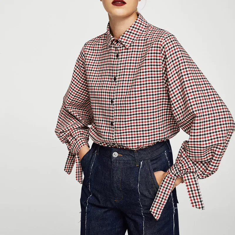 

2018 Women Plaid Long Sleeve Shirt Turn-Down Collar Loose Blusas Femme Autumn Lace up Shirt Casual Tops