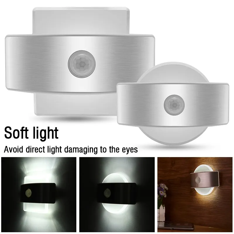 Light Control Auto Body PIR Motion Sensor LED Night Wall Lamp USB Rechargeable Hallway Kid