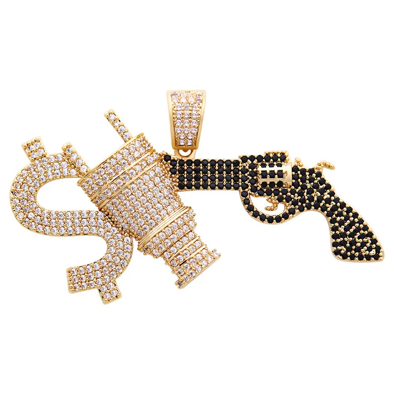 LuReen Iced Out Dollar Plug Gun цепочки и ожерелья подвеска Micro Pave кубический циркон для мужчин золото цвет хип хоп ювелирные изделия Gfit Вечерние