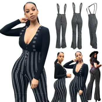 

Sexy Stripe Overall Women Clubwear Trouser Playsuit Bodycon Party Jumpsuit Suspender Flared Pants