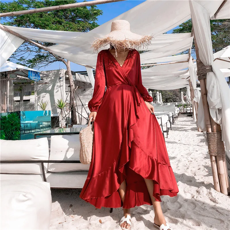 

Vintage Red Silk and Satin Summer Beach Holiday Long Dress 2019 Summer Women Ruffles Long Sleeve V Neck Backless Wrap Dresses