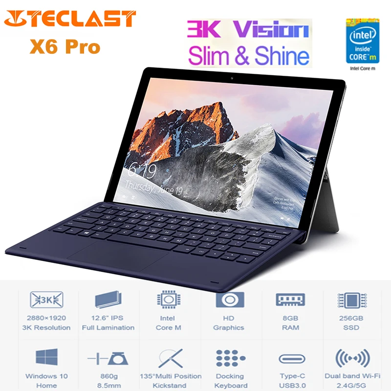

Teclast X6 Pro 2 in 1 Tablet PC 12.6'' Windows 10 Intel Core m3-7Y30 Dual Core 1.1GHz 8GB 256GB Dual Cams Tablets With Keyboard