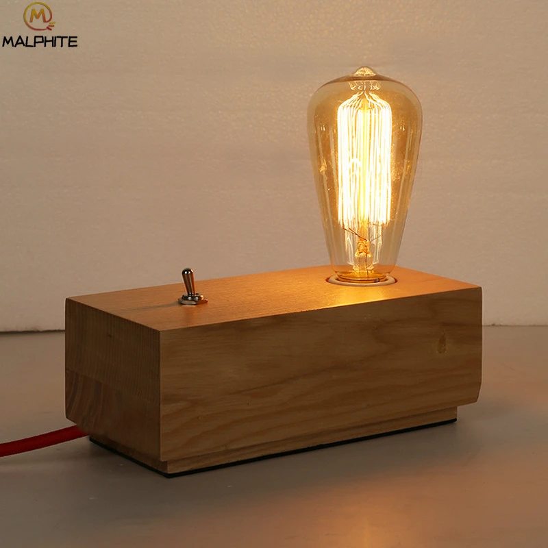 Современная Ретро Настольная лампа с деревянным основанием, деревянная лампа Эдисона, креативная прикроватная настольная лампа для спальни, светильники, простой декор, настольные светильники