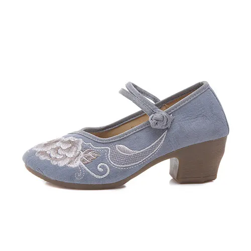 Veowalk/Винтажные женские туфли в китайском стиле; женская текстильная обувь на квадратном каблуке; повседневные туфли-лодочки; удобные хлопковые туфли на квадратном каблуке с вышивкой - Цвет: Model 4 Gray