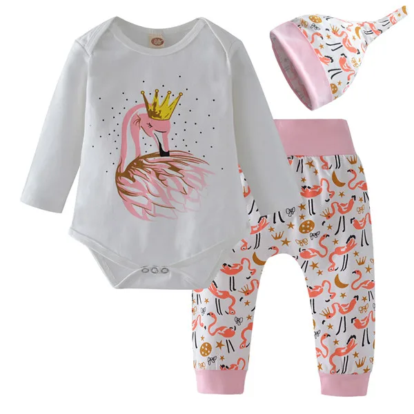 Одежда для малышей Одежда для новорожденных девочек комплект из 3 предметов, Милый хлопковый комплект одежды с животными, комбинезон, топы+ штаны с лебедями+ шапка - Цвет: Белый