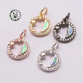 

10pcs Brass Randomly Mixed Color Micro Pave Grade AAA Cubic Zirconia Long-Lasting Plated Moon & Star Charms with Synthetic Opal