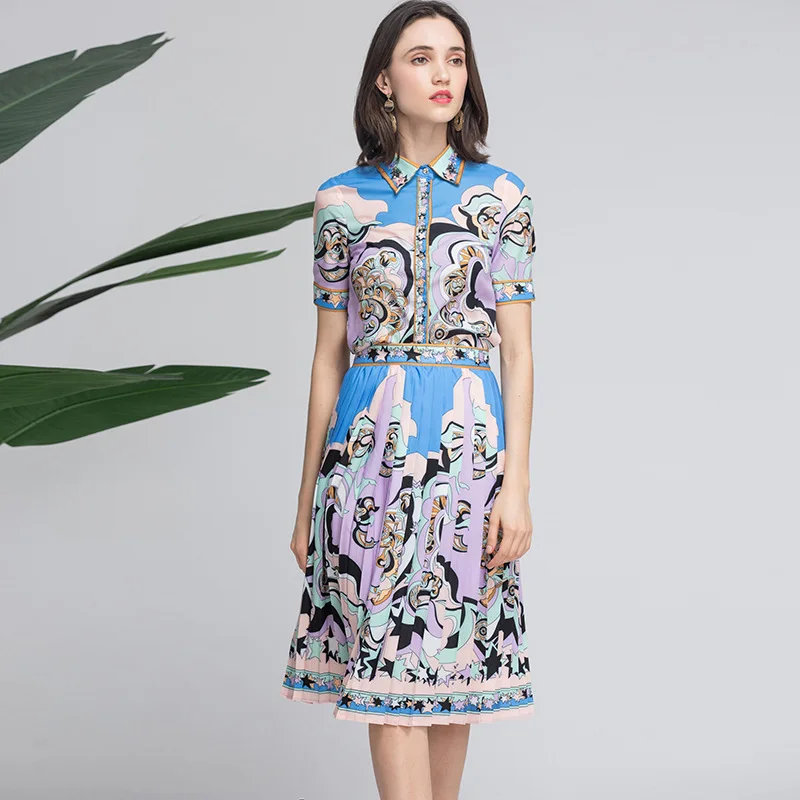 

2019 Summer runways fashion print 2 piece set short sleeve shirts pleated skirts Women's skirt suit A235