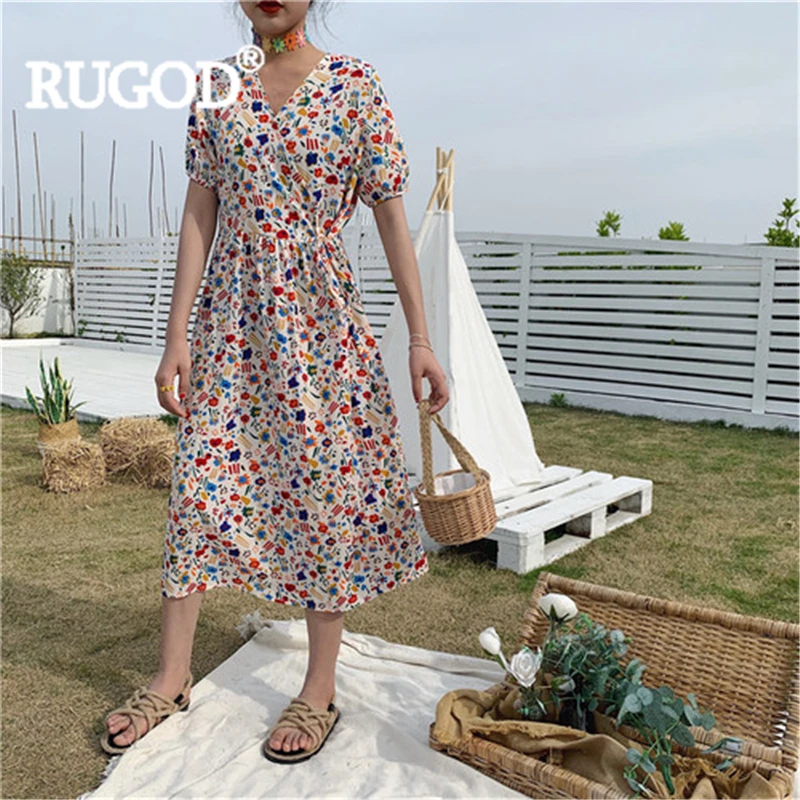 RUGOD женское длинное платье, элегантное, с принтом, на шнуровке, с v-образным вырезом, с пышными рукавами, prairie, шикарное платье, новое, летнее, модное, женское, повседневное
